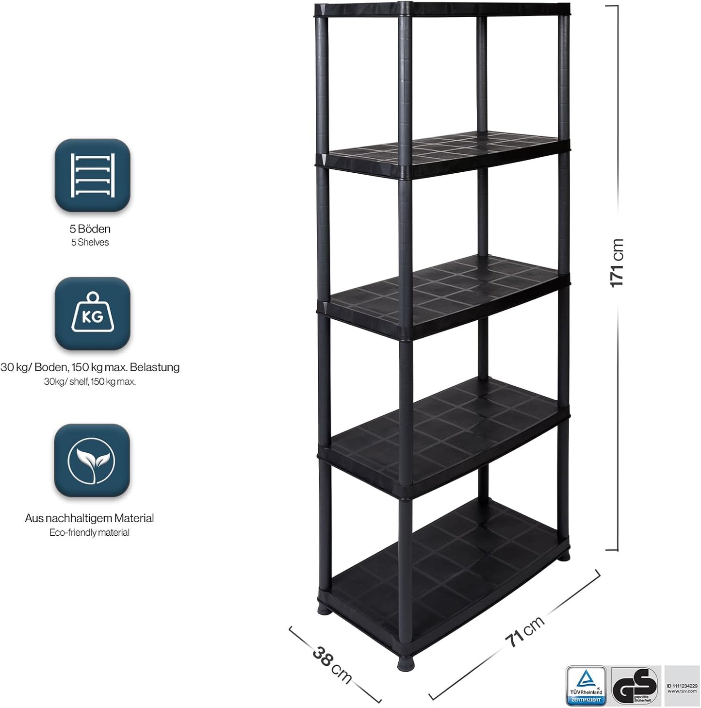 Kreher 3 x Plastic Shelving Basement Shelving Unit Storage Shelving Unit in Black with 5 Shelves Maximum Load 150 kg per Shelf 71 x 38 x 171 H cm TÜV Rheinland