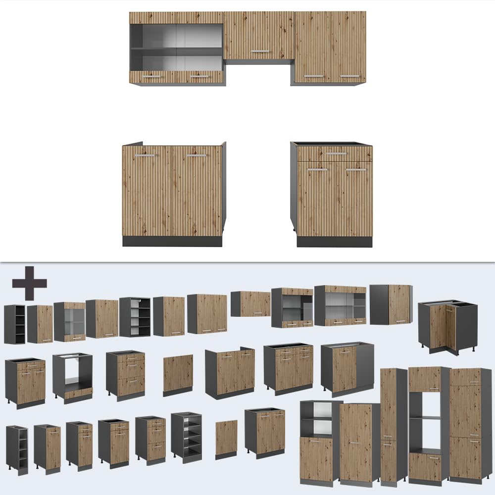 Vicco R-Line Kitchen Unit, White High-Gloss / Anthracite, 200 cm without Worktop