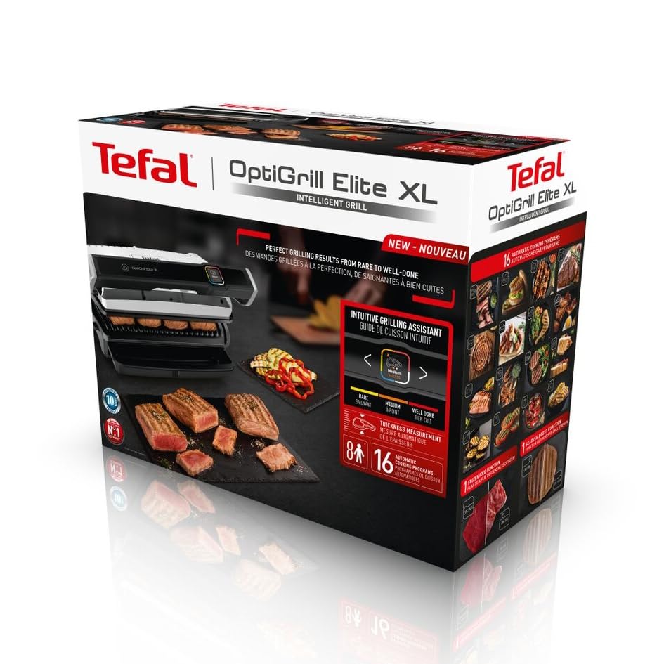 Tefal OptiGrill Elite XL Kontaktgrill, 16 Programme, Digitales Display mit Garstufenanzeige, abnehmbare XL-Platten, Grillboost-Funktion, intuitive Bedienung, Elektrogrill, Edelstahl, GC760D12