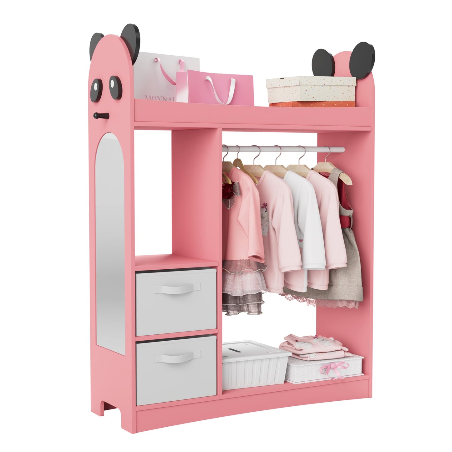 Children's Clothes Rack with Mirror, Clothes Rail with Shelves, Children's Wardrobe Wood, Children's Shelf for Children's Room, 81 x 28 x 106.5 cm (Clouds with 2 Drawers, White)