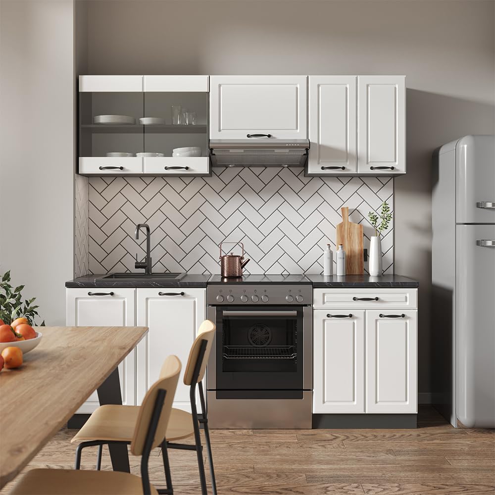 Vicco R-Line Kitchen Unit, White Country House / Anthracite, 200 cm without Worktop