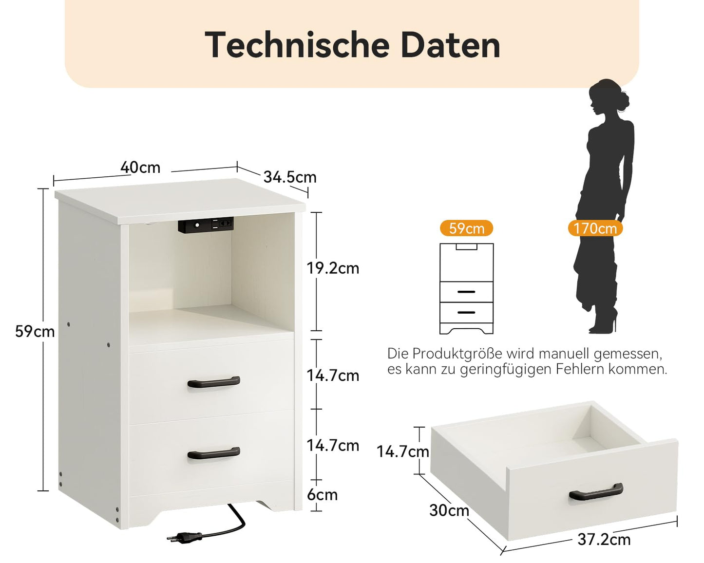 Coleshome Bedside Table with 2 Sockets and 2 USB, Bedside Tables with 10 Colours LED, Bedside Table White with 2 Wooden Drawers and Storage Space, 1 Pack