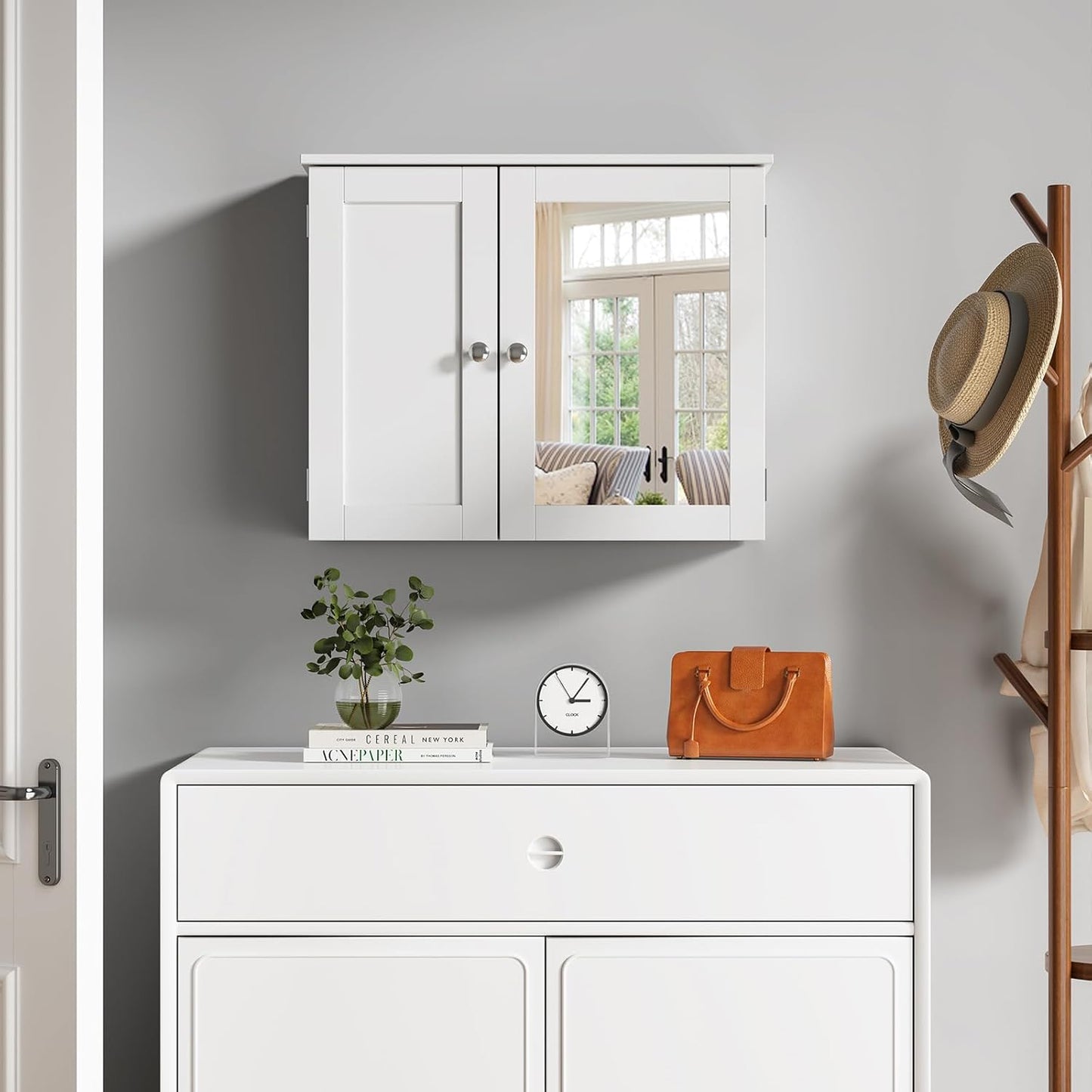 RRX Bathroom Storage Cabinet, Wall Cabinet with Mirror, Wall Cabinet for Bathroom, Adjustable Shelf, 2 Doors Over the Toilet, 16.5 x 60 x 49 cm (L x W x H)