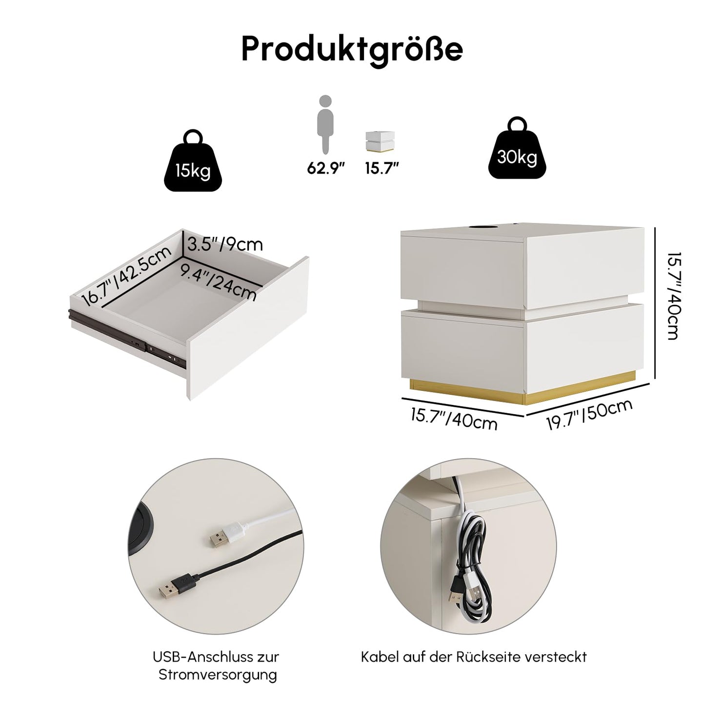 Homary LED Smart Bedside Table with Wireless Charging Station, Bedside Table with Drawers & USB Ports, Modern Bedside Table with LED Lighting for Bedroom (Led White, 3 Drawers)