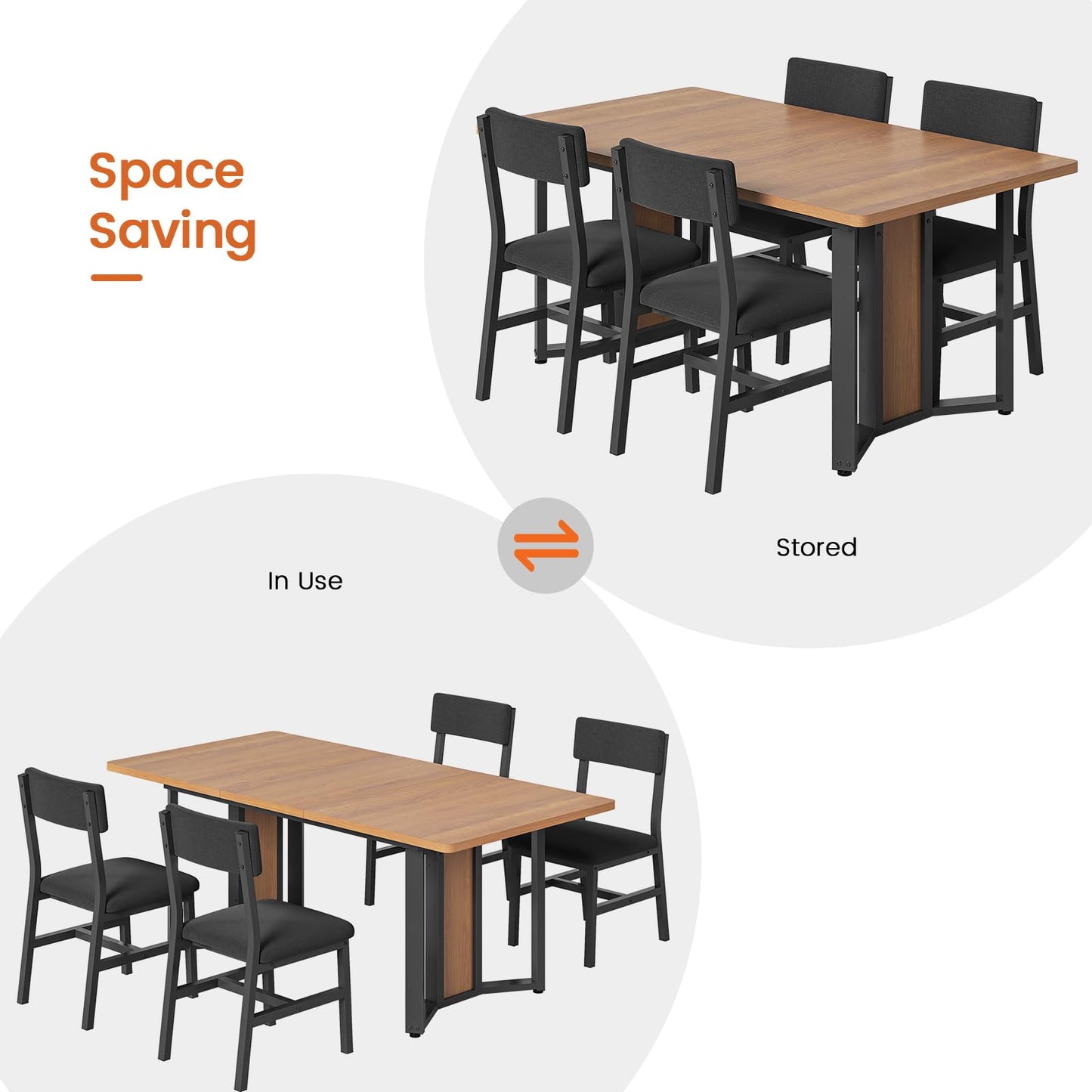 Itaar 5-Piece Dining Table Set for 4-6 People, 63" Extendable Kitchen Table and 4 Cushion Chairs, Dining Room Table with MDF Board & Metal Frame for Small Space, Easy Clean, Brown