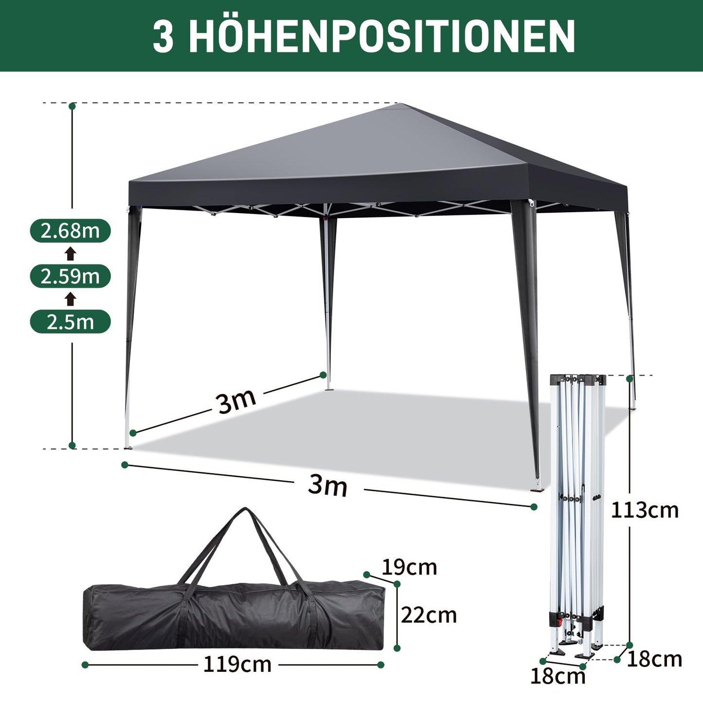 LEADZM Gazebo 3 x 3 m, Folding Gazebo, Waterproof, UV Protection 50+, Height Adjustable with 4 Mosquito Nets, Sturdy, Ideal for Garden, Patio, Camping and Commercial Use