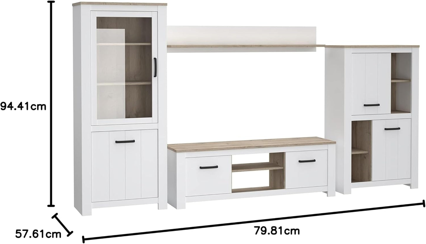 FORTE Elara Wall Unit with 5 Doors and 1 Glass Door, Wood Material, Matt White / Bianco Oak, 344 x 185 x 42 cm