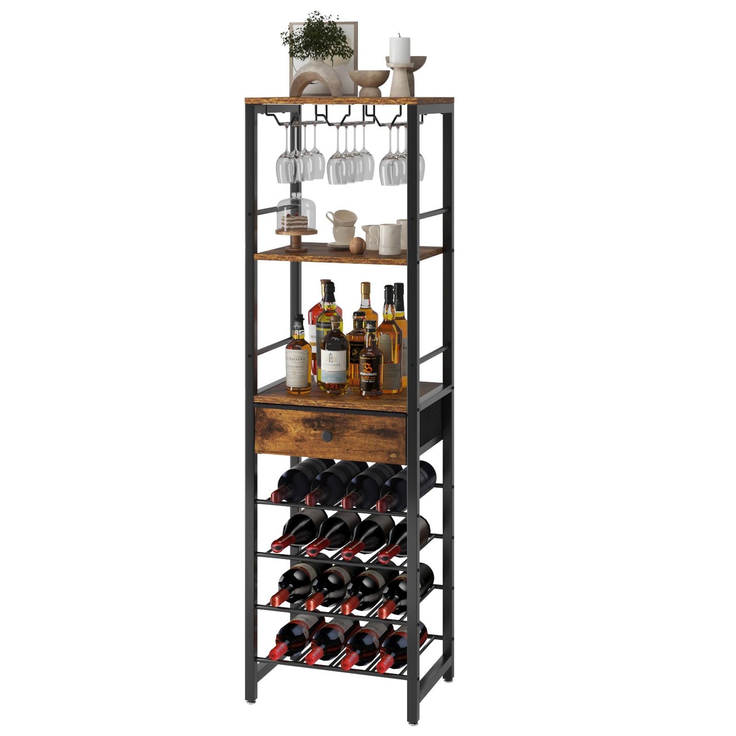 IBUYKE TMJ905H Wine Rack, 4-Layer Freestanding Wine Rack with Glass Holder and Drawer, 16 Bottle Rack, Countertop Wine Rack with Table Top Shelf, for Kitchen, Bar, Dining Room, Vintage Brown