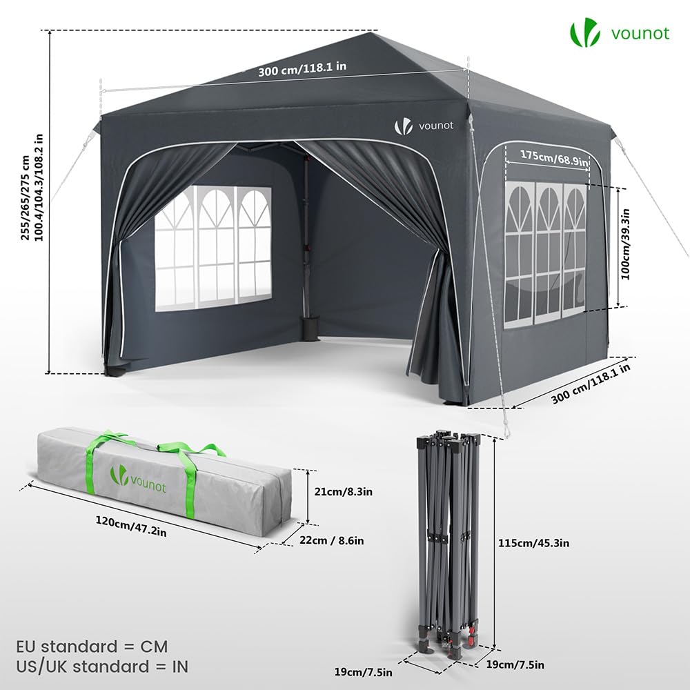 VOUNOT® Gazebo 3 x 3 m with 4 Side Panels and 4 Sand Bags, Pop Up Folding Gazebo, Waterproof, Foldable Garden Tent, Party Tent, Includes Bag, Grey