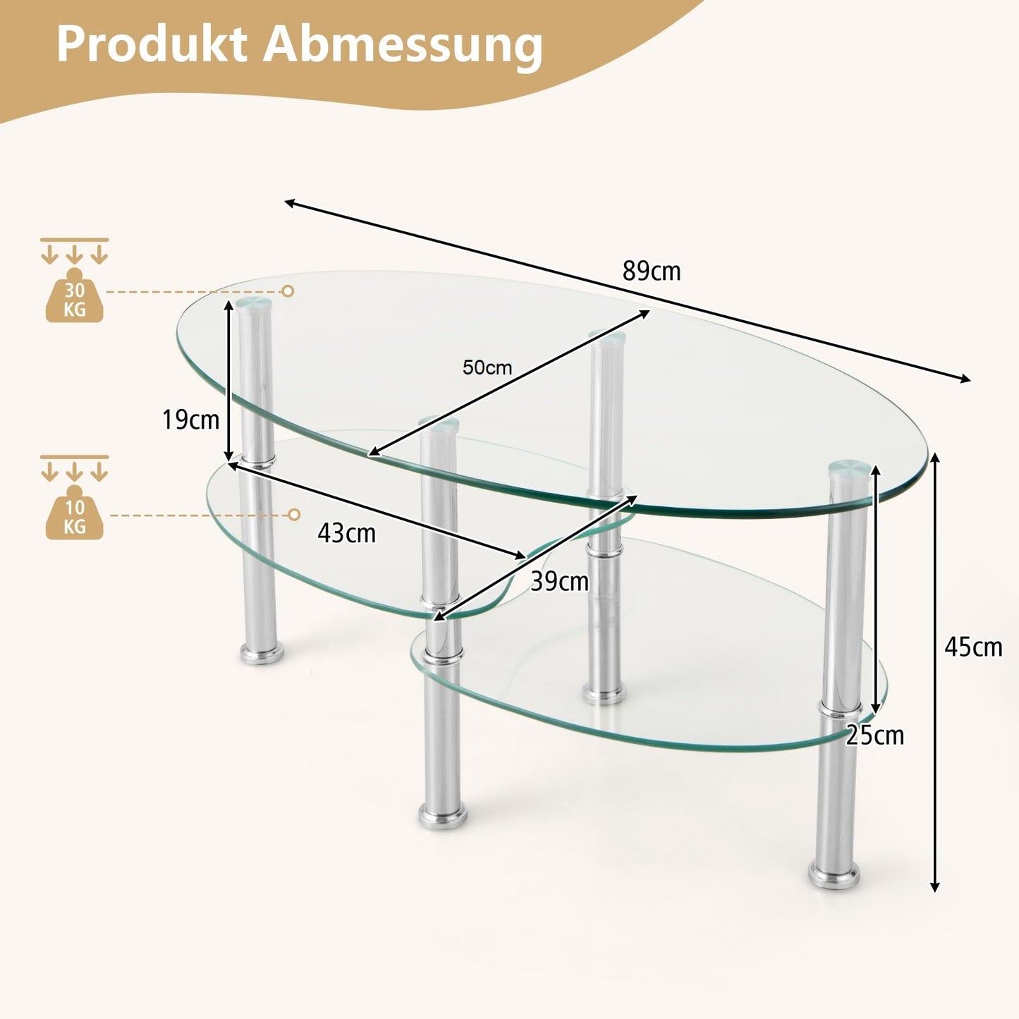 COSTWAY Glass Coffee Table, Glass Table, Oval, Living Room Table with 2 Shelves, Sofa Table, Coffee Table, Side Table for Living Room, 89 x 50 x 45 cm