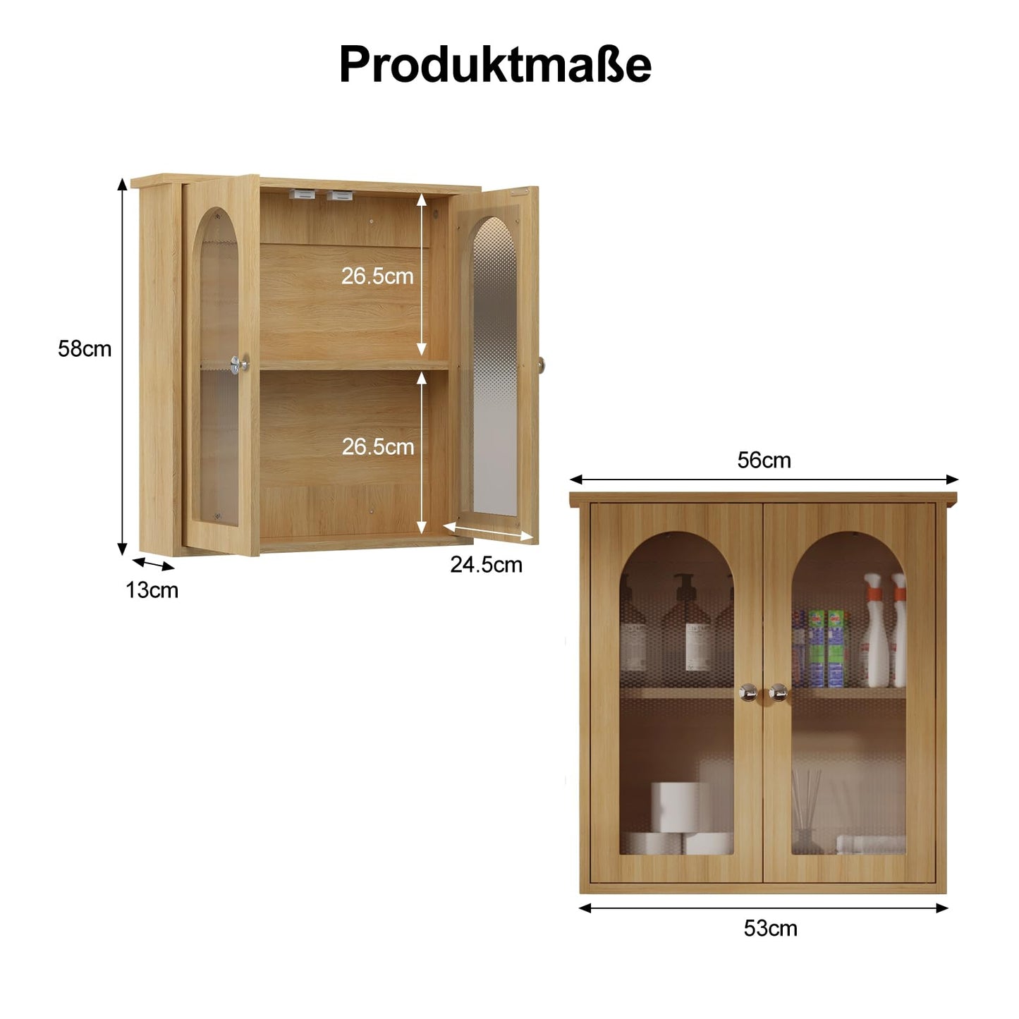 Bathroom Mirror Cabinet with 2 Doors, Wall Cabinet for Over the Toilet, Surface-Mounted Kitchen Wall Cabinet, Wall Cabinet with Shelves, Multifunctional Bathroom Cabinet, Natural