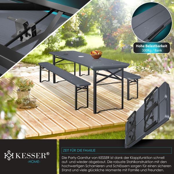 KESSER® Bierzeltgarnitur 3 teilig Gartenmöbel-Set | Klappbar 220 x 50 x 77cm | 2X Bierbänke 1x Biertisch | Festzeltgarnitur Biertisch Stehtisch Sitzgarnitur Holz 16-teiliges Bodenschoner-Set