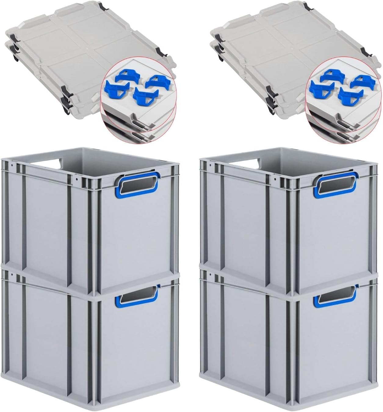 PROREGAL Economy Set of 5 Eurobox NextGen Colour with Lid and Sliding Snap Fasteners, H x W x D 22 x 30 x 40 cm, 20 L, Black, Closed Handles, Euro Container, Transport Box, Transport Container