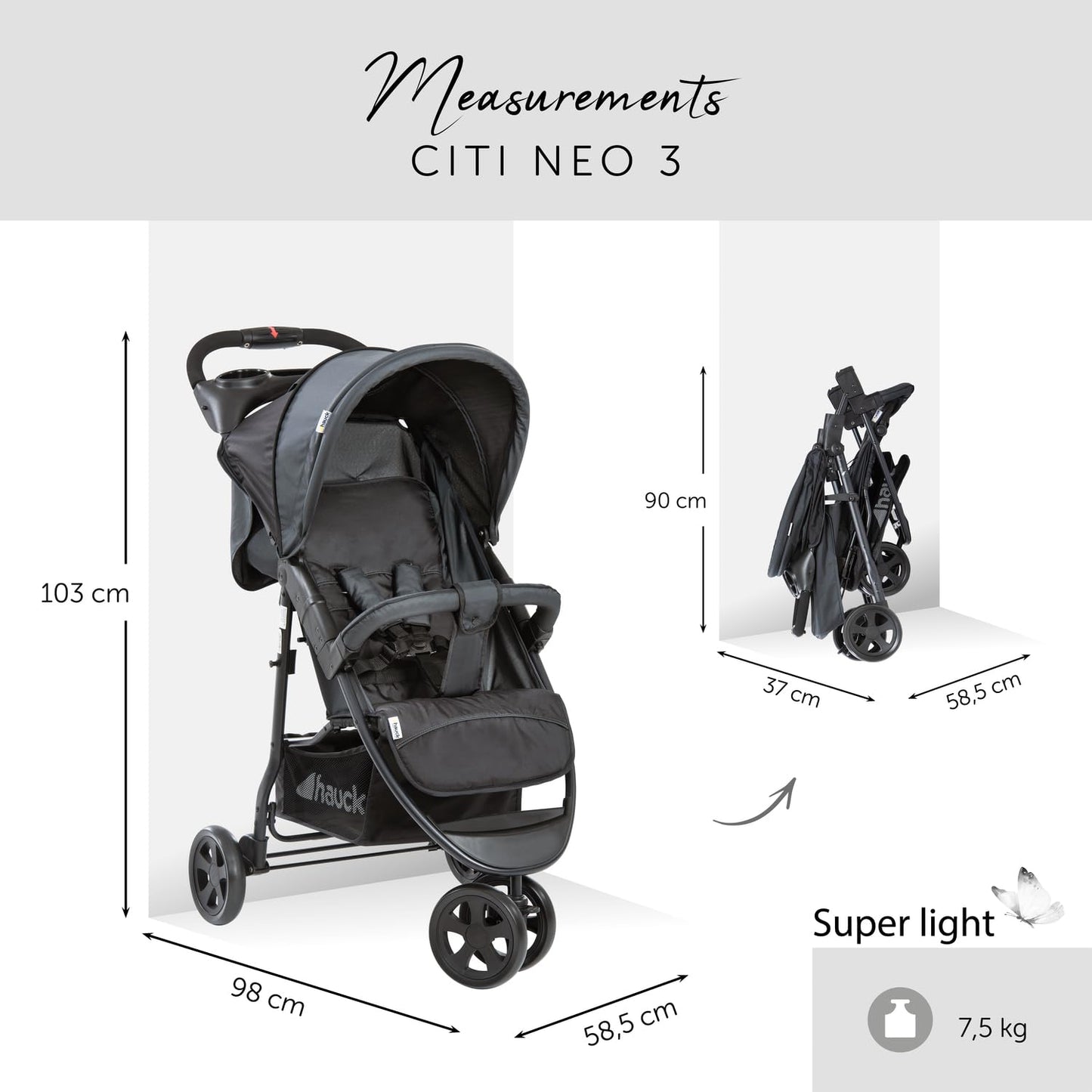 hauck Citi Neo II, Caviar/Stone - 3 Wheeled Pushchair with Raincover, Cup Holder & Tray, Lightweight (only 7.5 kg), Compact & One Hand Folding, XL Basket, from Birth up to 22 kg