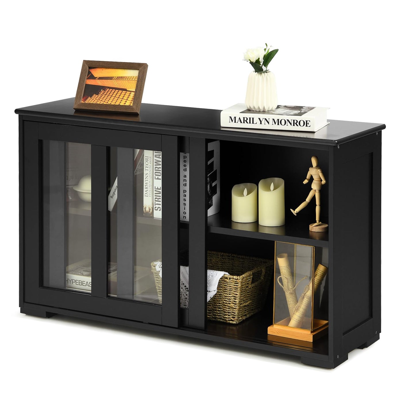 KOMFOTTEU Sideboard Side Cabinet, Kitchen Chest of Drawers with Glass Sliding Doors, Wooden Kitchen Cabinet with Adjustable Shelf, Buffet Cabinet 107 x 33 x 64 cm for Hallway Dining Room (Cream White)