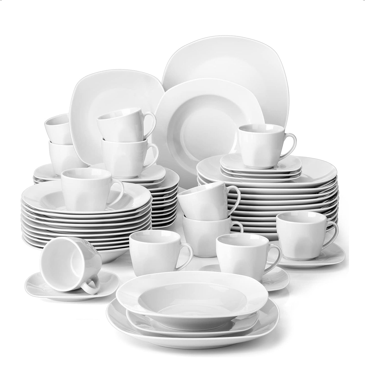MALACASA Elisa Series Crockery Set for 12 People, 48-Piece Plate Set, Dinner Service Set with 12 Soup Plates, 12 Cake Plates, 12 Dinner Plates and 12 Cereal Bowls, Porcelain Crockery Set in Light Grey