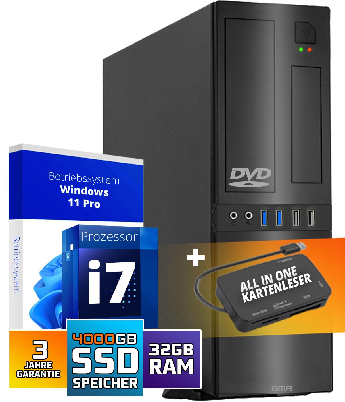 GMR Ultra Slim i7 Office PC - Business Office Computer | 3 Year Warranty | 32 GB RAM | 4000GB SSD | DVD±RW | USB 3 | Windows 11 Pro | WiFi Bluetooth