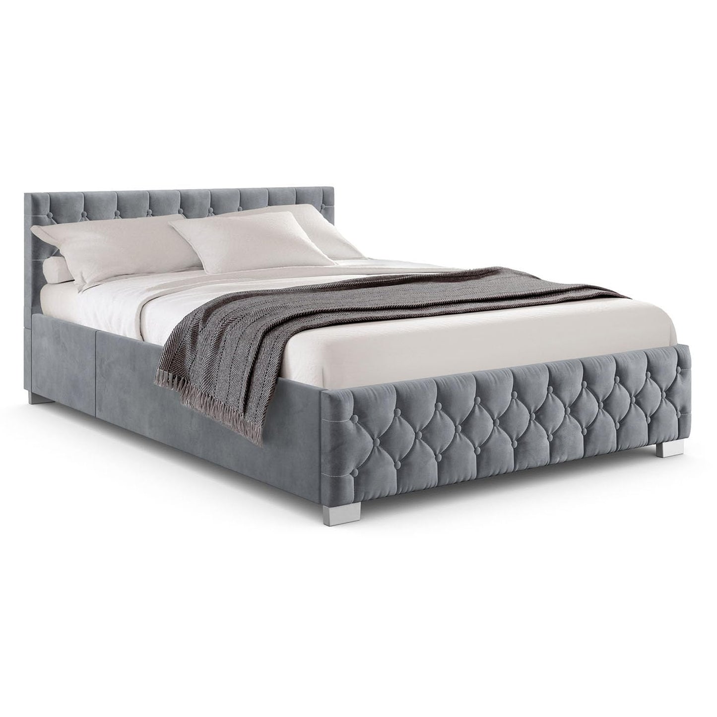 Juskys Nice Upholstered Bed 180 x 200 cm Velvet with Storage Space, LED Lighting & Slatted Frame - Chesterfield Quilting & Headboard - Bed Frame - Grey