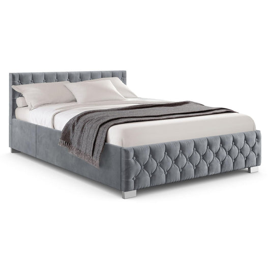 Juskys Nice Upholstered Bed 180 x 200 cm Velvet with Storage Space, LED Lighting & Slatted Frame - Chesterfield Quilting & Headboard - Bed Frame - Grey