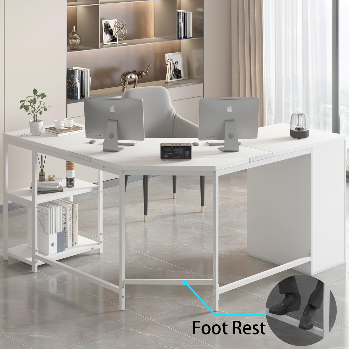 LVB White L Shaped Corner Desk with Drawers, Reversible Modern L Shaped Computer Desk with Storage Cabinets, Large L Shaped Wooden L Shaped Desk Metal L Shape