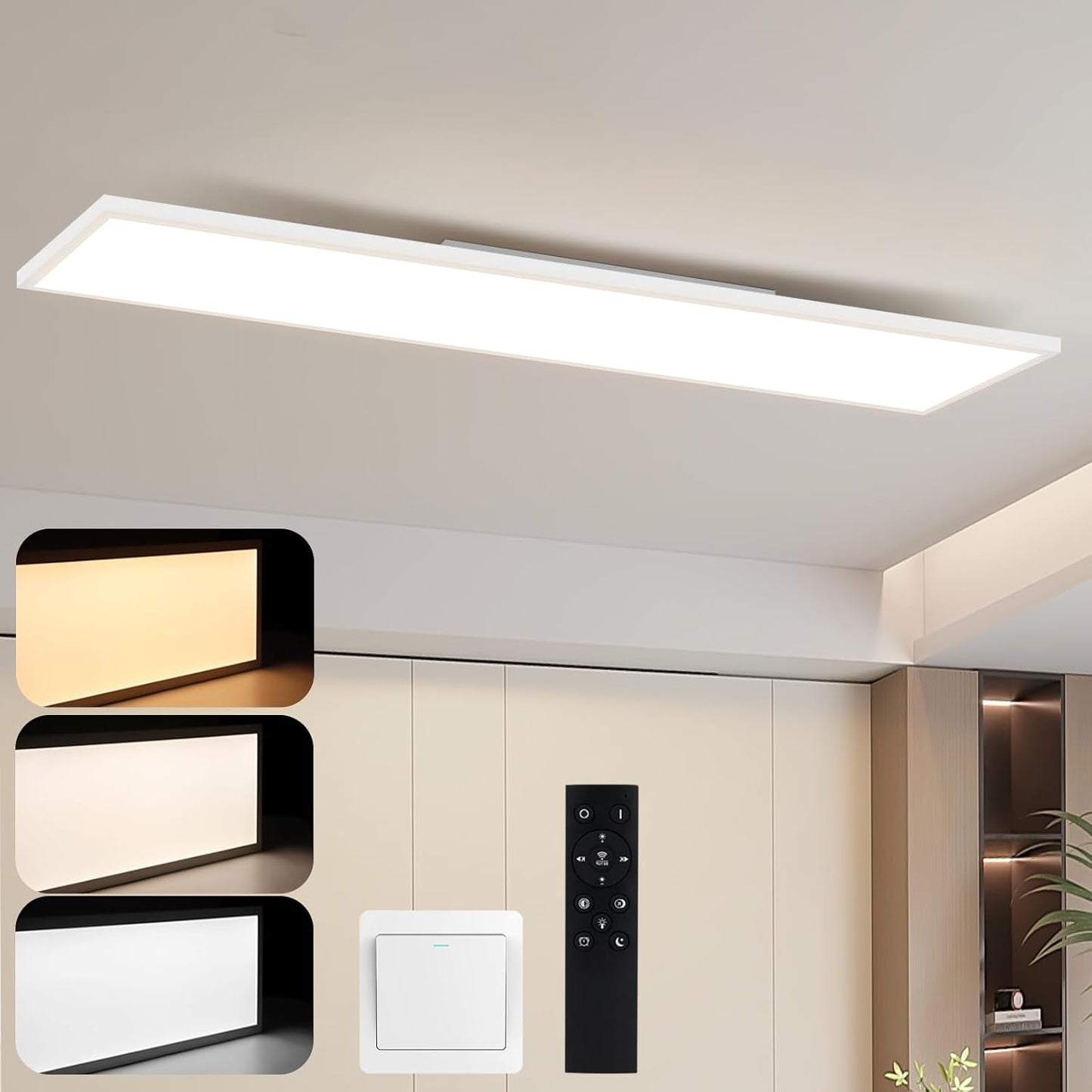 LED Panel Ceiling Light - 100 x 25 cm Long Rectangular Ceiling Light Flat 42 W Ceiling Panel Dimmable with Remote Control White Kitchen Lamp Daylight Lamp for Office Kitchen Hallway Living