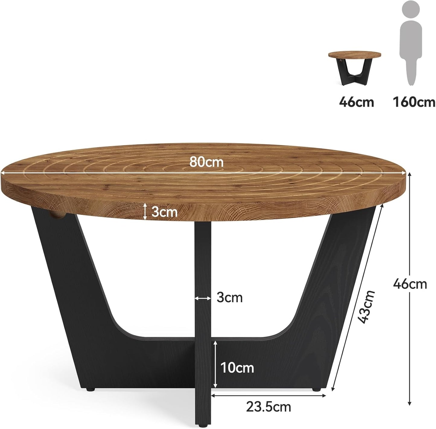 Round Solid Wood Coffee Table, Farmhouse 80 cm Small Coffee Table with Ring Groove, Living Room, Small Space, Brown and Black