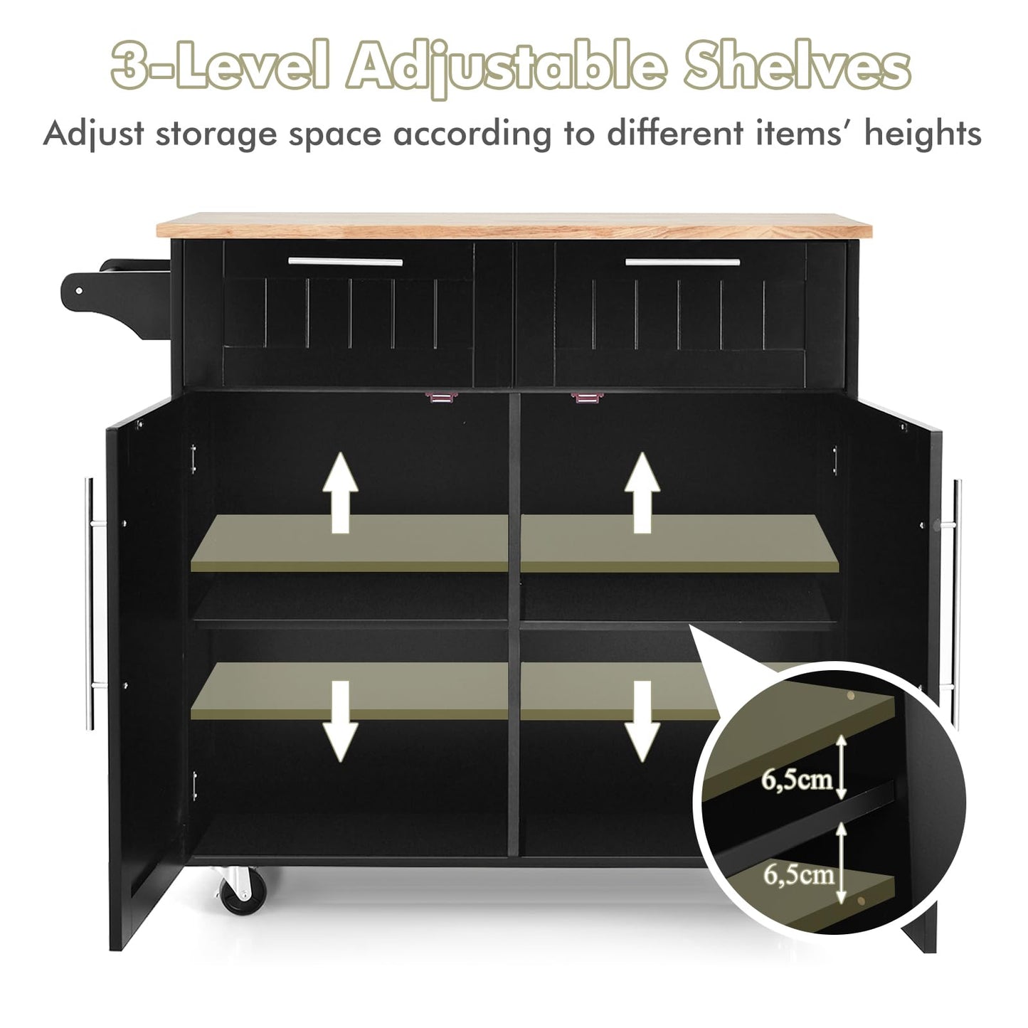 KOMFOTTEU Kitchen Trolley with Worktop, Kitchen Island with Wheels, Serving Trolley with 2 Drawers and Doors, Large Wooden Trolley 94 x 45.5 x 94.5 cm (Black)