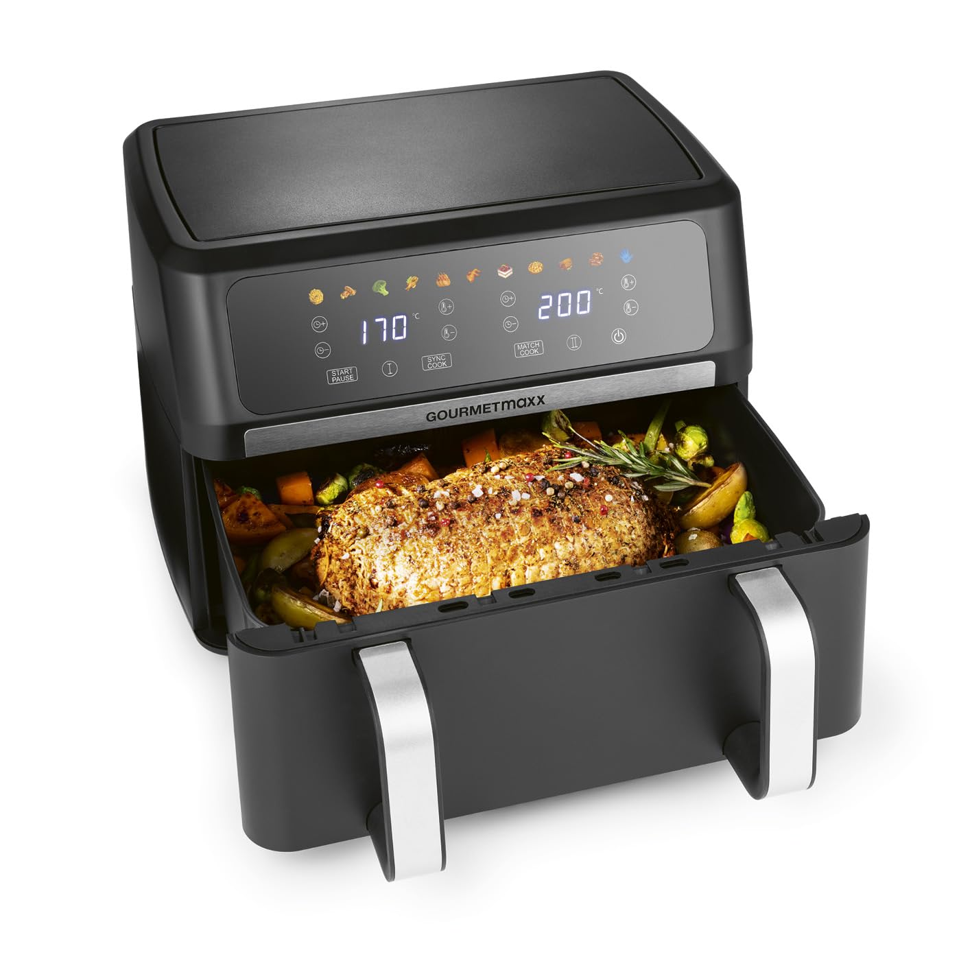 GOURMETmaxx Digitale Heißluftfritteuse 12 L, XXL-Edelstahl-Ofen | Airfryer + Timer, Touchdisplay, Drehspieß | fettarm, energiesparend frittieren | 10 Programme inkl. Pizza | 1800 W