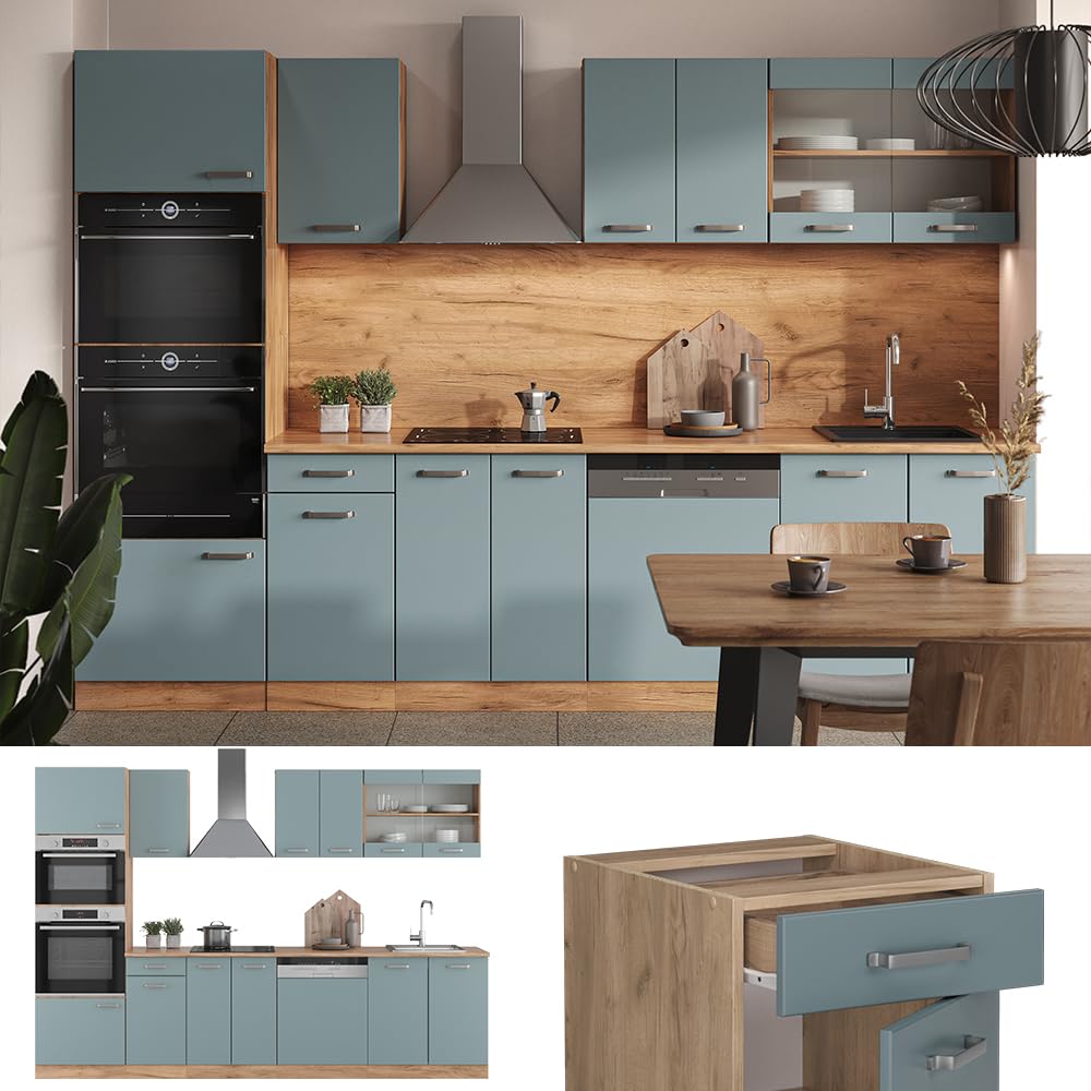 Vicco R-Line Kitchen Unit, High-Gloss Anthracite/Goldkraft Oak, 300 cm with Tall Cabinet, without Worktop
