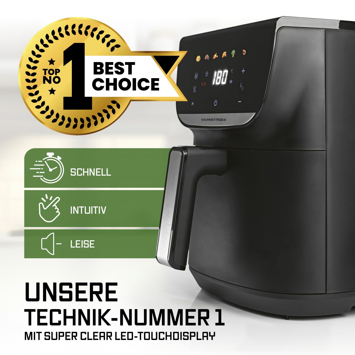 GOURMETmaxx Digitale Heißluftfritteuse 12 L, XXL-Edelstahl-Ofen | Airfryer + Timer, Touchdisplay, Drehspieß | fettarm, energiesparend frittieren | 10 Programme inkl. Pizza | 1800 W