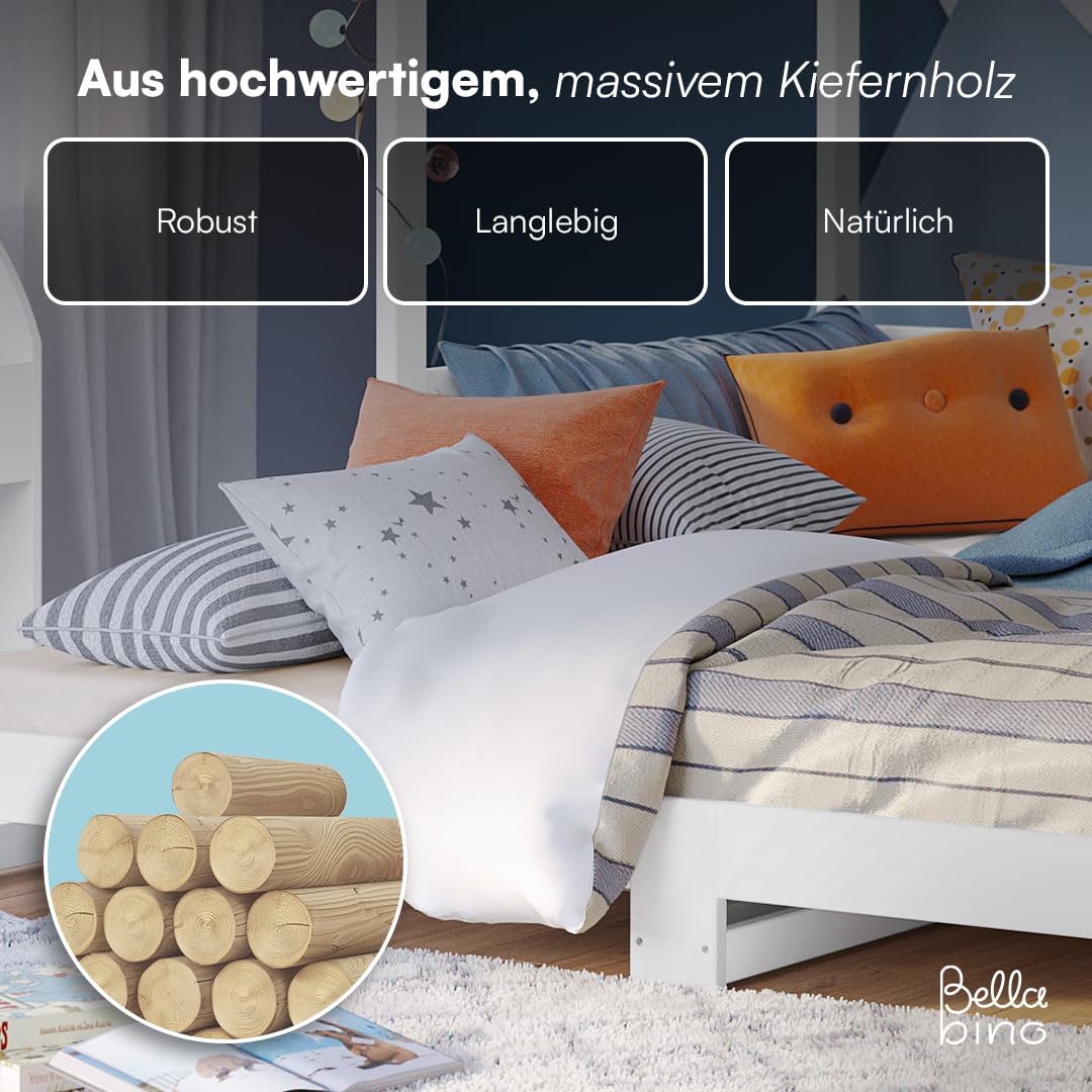 Bellabino Bia Children’s Bed, 90 x 200 cm, Children’s House Bed incl. Fall Protection and Rolled Slatted Frame, Montessori Floor Bed, White, Solid Pine Wood