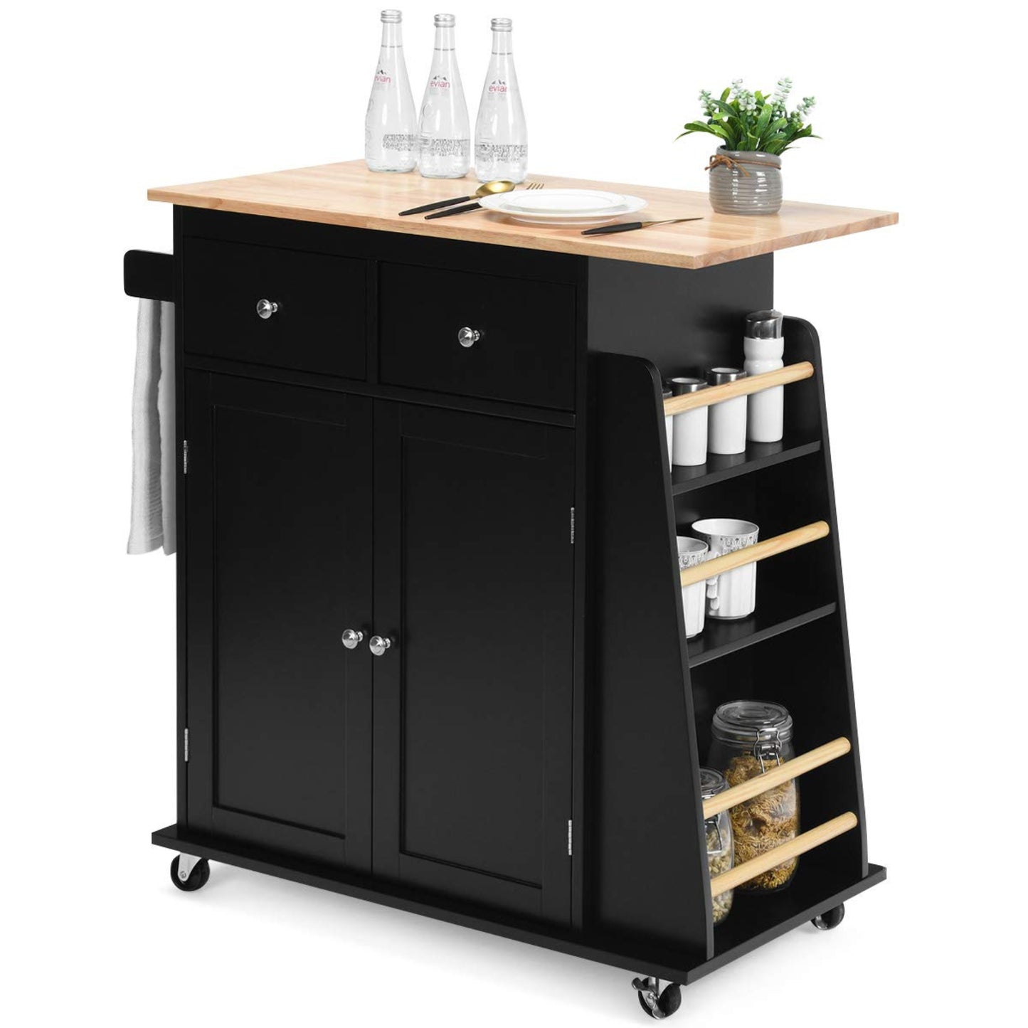 GOPLUS Kitchen Island with Wheels, Serving Trolley with 2 Drawers, 3-Tier Spice Rack, Towel Holder Cabinet, Rubber Wood Worktop & Lockable Wheels for Dining Room, Kitchens (Black)