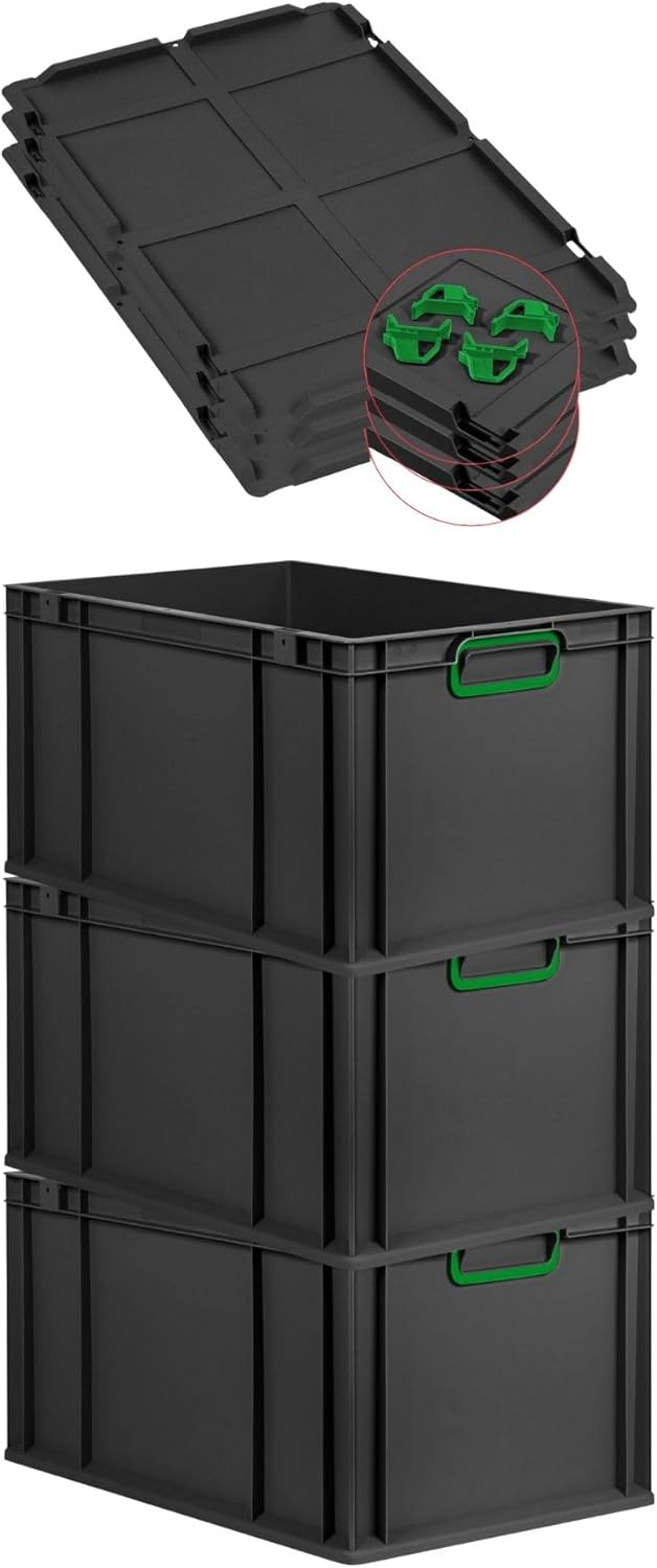 PROREGAL Economy Set of 5 Eurobox NextGen Colour with Lid and Sliding Snap Fasteners, H x W x D 22 x 30 x 40 cm, 20 L, Black, Closed Handles, Euro Container, Transport Box, Transport Container