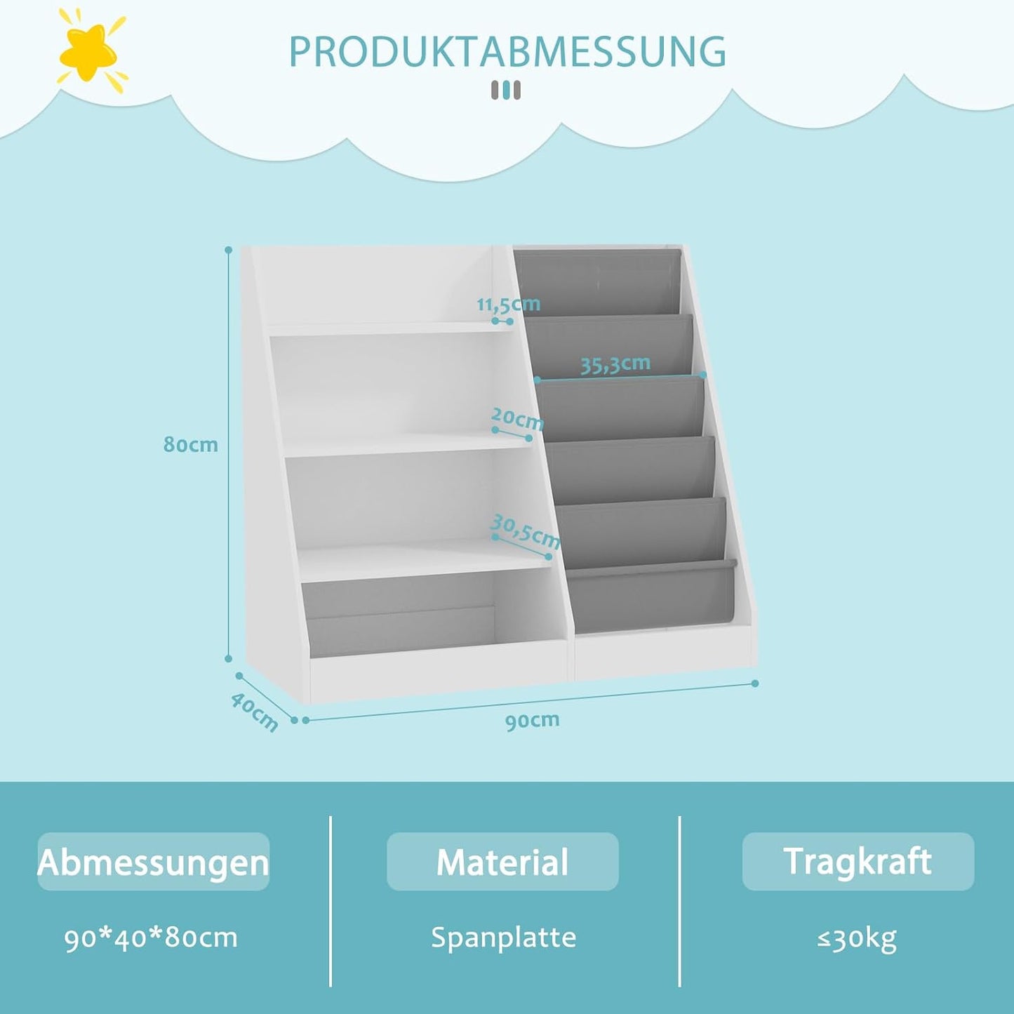 Children's Shelf, White with 5 Shelves and 4 Open Compartments, Bookcase for Children, Toy Organiser, 90 x 40 x 80 cm