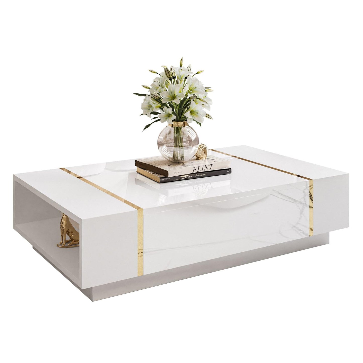 lukmebel Coffee Table White with Gold Onyx 104 x 65 x 41 cm Coffee Table with Storage Space Push to Open Living Room Table Side Table Couch Sofa Table House Table