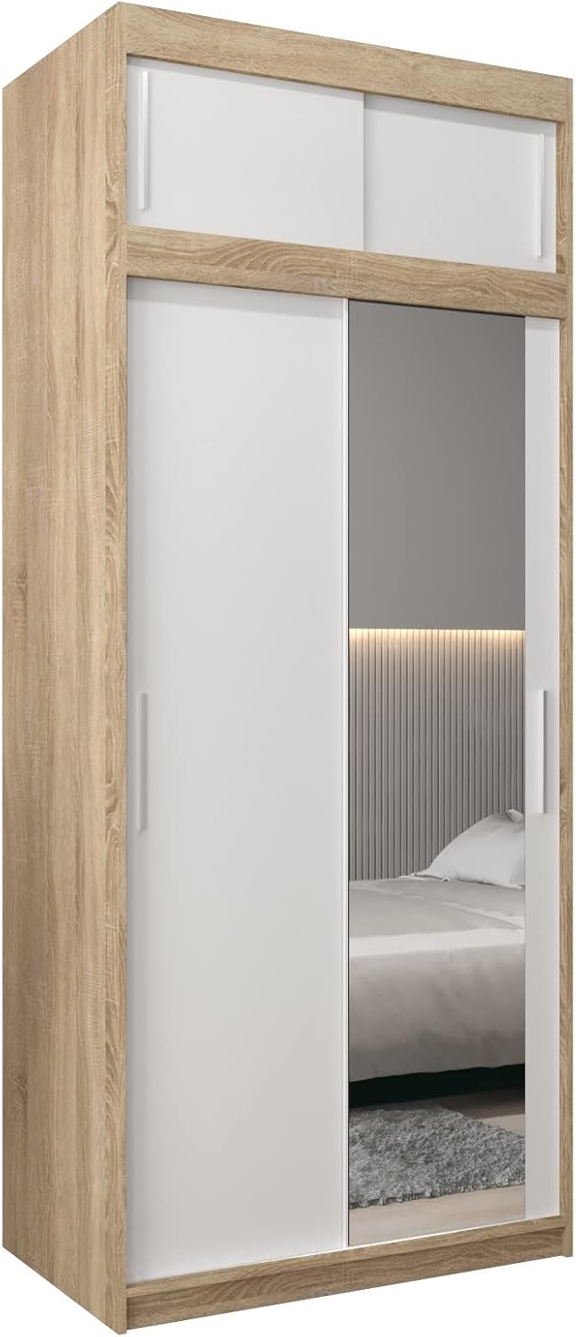 MEBLE KRYSPOL Kleiderschrank mit Spiegel Tokyo 2 - Garderobenschrank - Schrank Schlafzimmer - Mehrzweckschrank DREI Schiebetüren - Regalen - Flur Möbel - Kleiderstange Schrank - Allzweckschrank