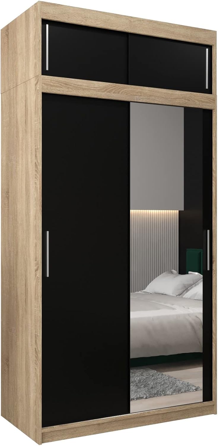 MEBLE KRYSPOL Kleiderschrank mit Spiegel Tokyo 2 - Garderobenschrank - Schrank Schlafzimmer - Mehrzweckschrank DREI Schiebetüren - Regalen - Flur Möbel - Kleiderstange Schrank - Allzweckschrank