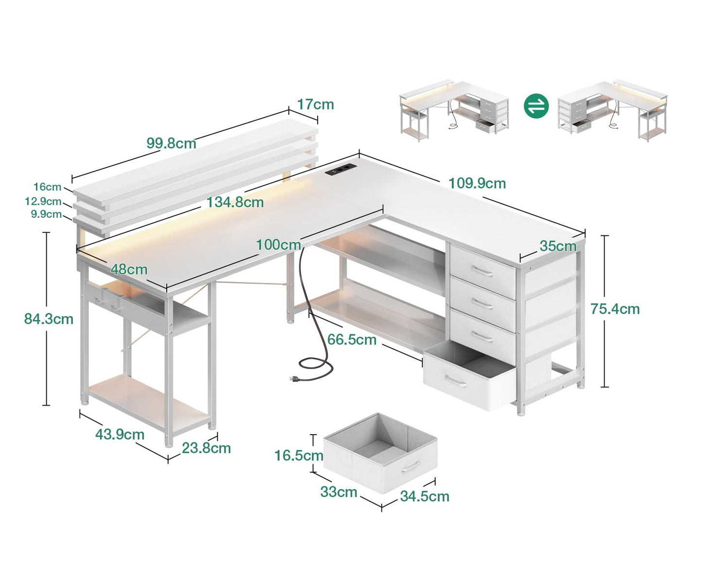 ODK Schreibtisch mit Schubladen, Reversible Eckschreibtisch mit 2 Steckdosen und 2 USB Ladeanschluss, Bürotisch L Form mit LED für Home Office 135×110cm (Graueiche)