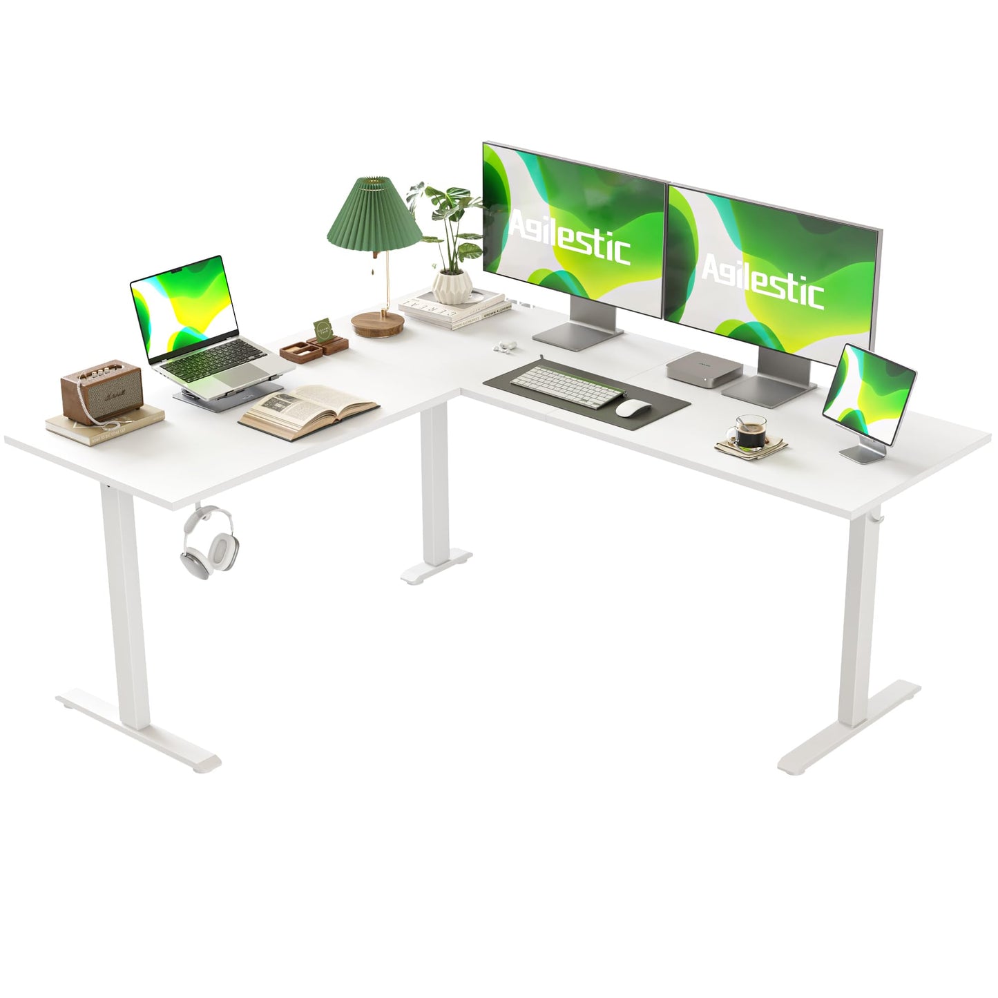 Agilestic L-Shaped Height-Adjustable Desk, 160 x 140 cm Desk, Height Adjustable, Electric, Corner Desk, Ergonomic Standing Seat Table, Computer Desk, White