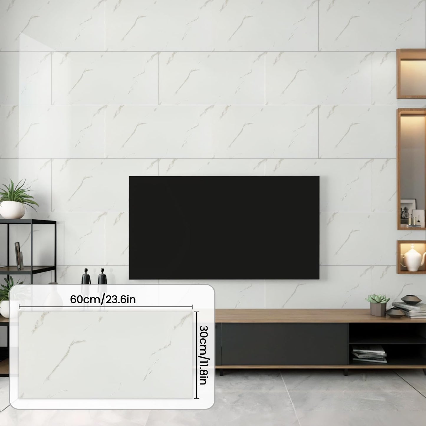 Hode Pack of 10 Adhesive Tiles, Kitchen Marble, 60 x 30 cm, Self-Adhesive Tiles, White, Waterproof, Wall Panels, Self-Adhesive for Kitchen Splashback, Bathroom, Living Room, Wall Tiles