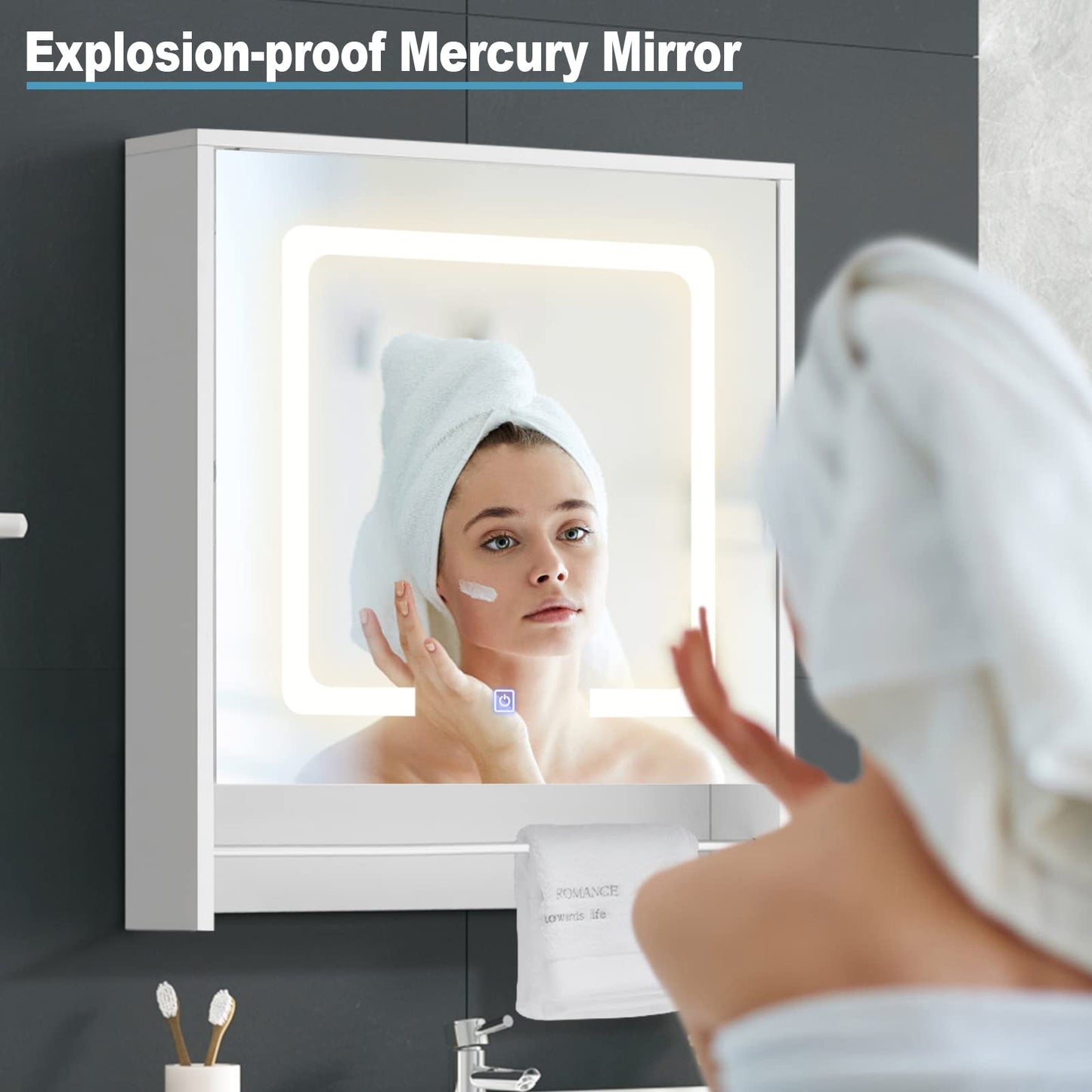 TUKAILAI Mirror Cabinet with LED Lighting, 6 Open Shelves and Adjustable Shelves, Bathroom Mirror with Touch Switch, Bathroom Mirror, Light Mirror, Wall Mirror, Bathroom Cabinet for Bathroom