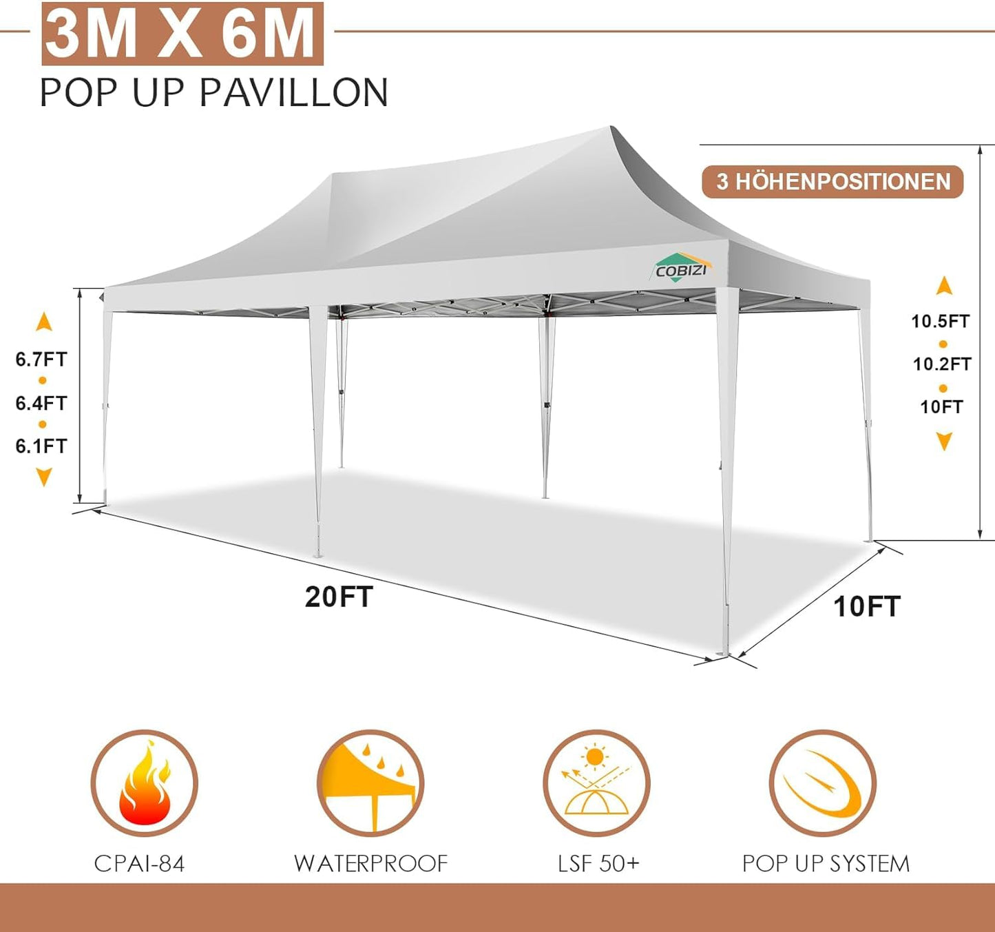 COBIZI Pavillon 3x6,Faltpavillon 3x6 Wasserdicht Stabil Winterfest, Sofort aufklappbare Vordächer Outdoor Gartenzelt mit 6 Seitenteilen, für Party Garten Festival, Weiß