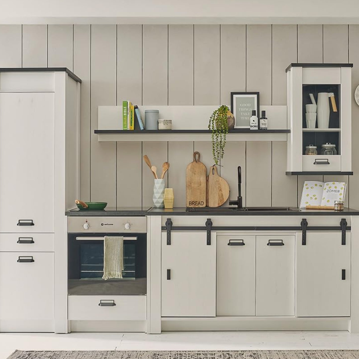 Lomadox Kitchen Furniture Set 5 Pieces in Pine White with Anthracite Kitchen Cabinet Kitchen Furniture Modern Wall Shelf Sink Storage Cabinet