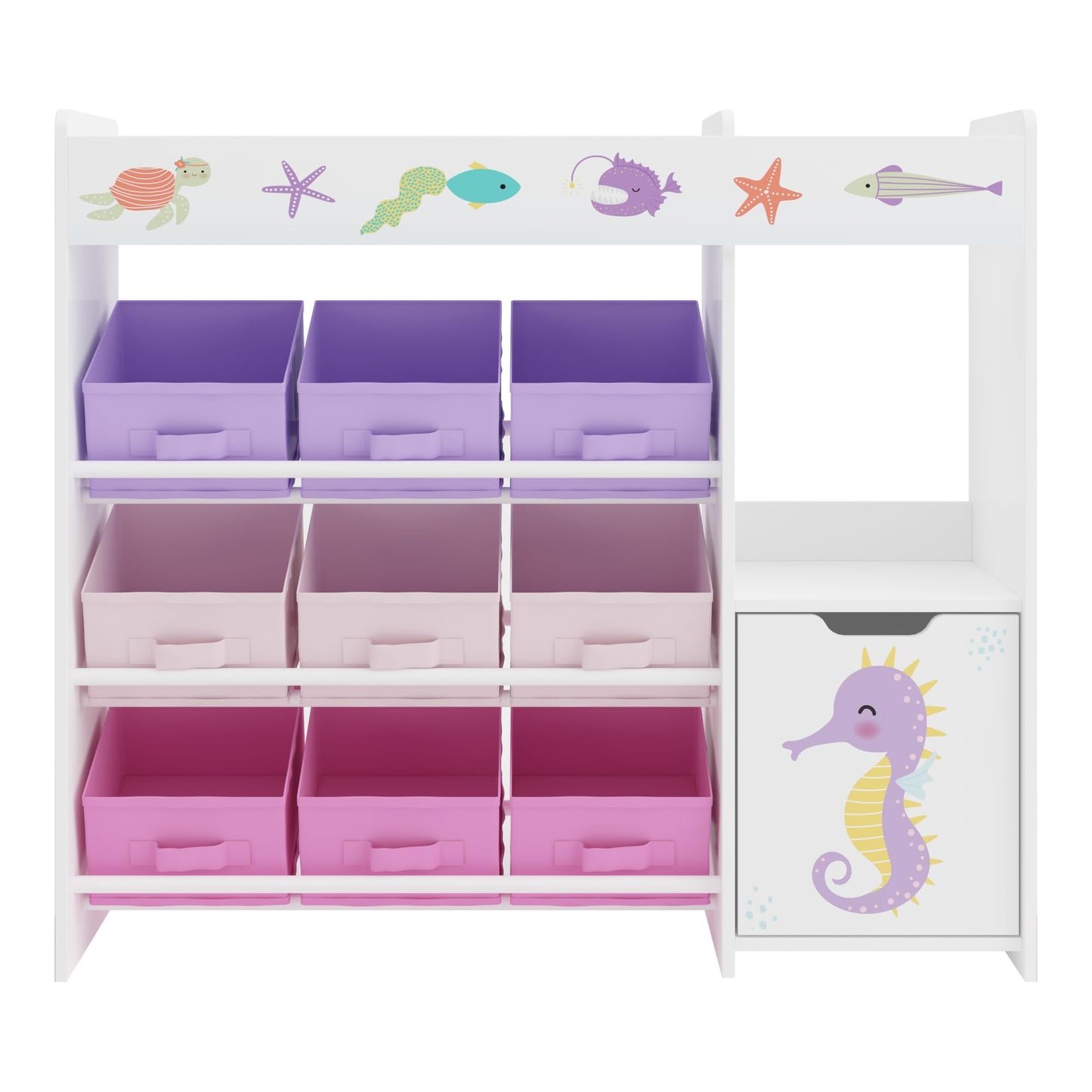 [en.casa] Kinderregal Søndreland Bücherregal für Kinder mit 9 Aufbewahrungsboxen Spielzeugregal mit Schrank 80 x 90 x 30 cm Spielzeug Aufbewahrung Ozean Motiv
