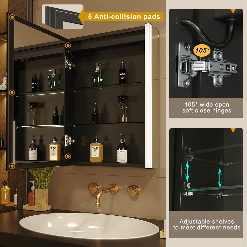 KWW LED Beleuchtetes Badezimmer Medizin Kabinett mit Spiegel, Farbtemperatur Einstellbar, Anti-Nebel Dimmbare Lichter, Steckdosen für USBs (75 x 70 cm)