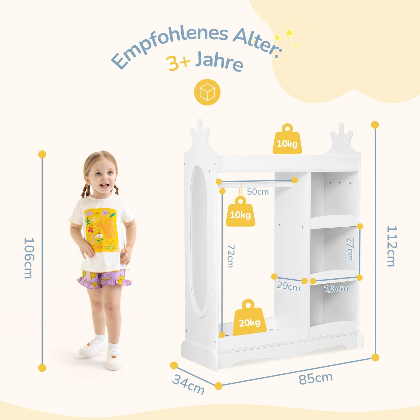 LUE BONA Children's Wardrobe with Mirror and Clothes Rail, Children's Coat Rack with 3 Hooks and 3 Open Shelves, Children's Wooden Wardrobe for Children's Room, 85 x 34 x 112 cm, White