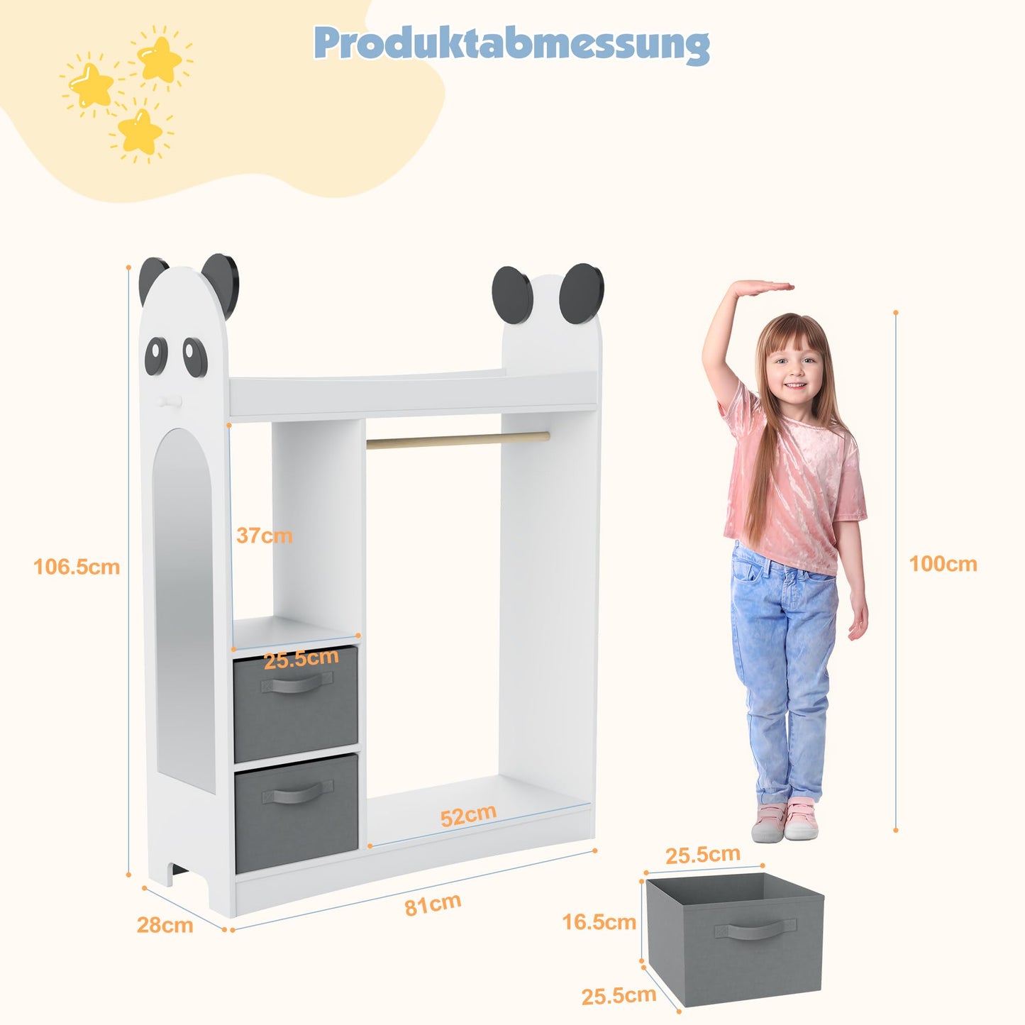 Children's Clothes Rack with Mirror, Clothes Rail with Shelves, Children's Wardrobe Wood, Children's Shelf for Children's Room, 81 x 28 x 106.5 cm (Clouds with 2 Drawers, White)