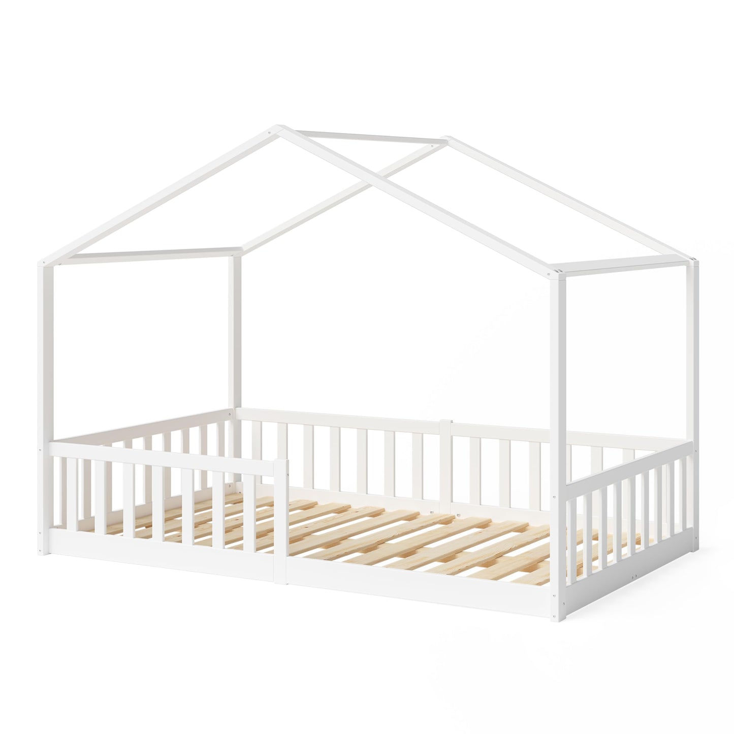 Bellabino Bia Children’s Bed, 90 x 200 cm, Children’s House Bed incl. Fall Protection and Rolled Slatted Frame, Montessori Floor Bed, White, Solid Pine Wood