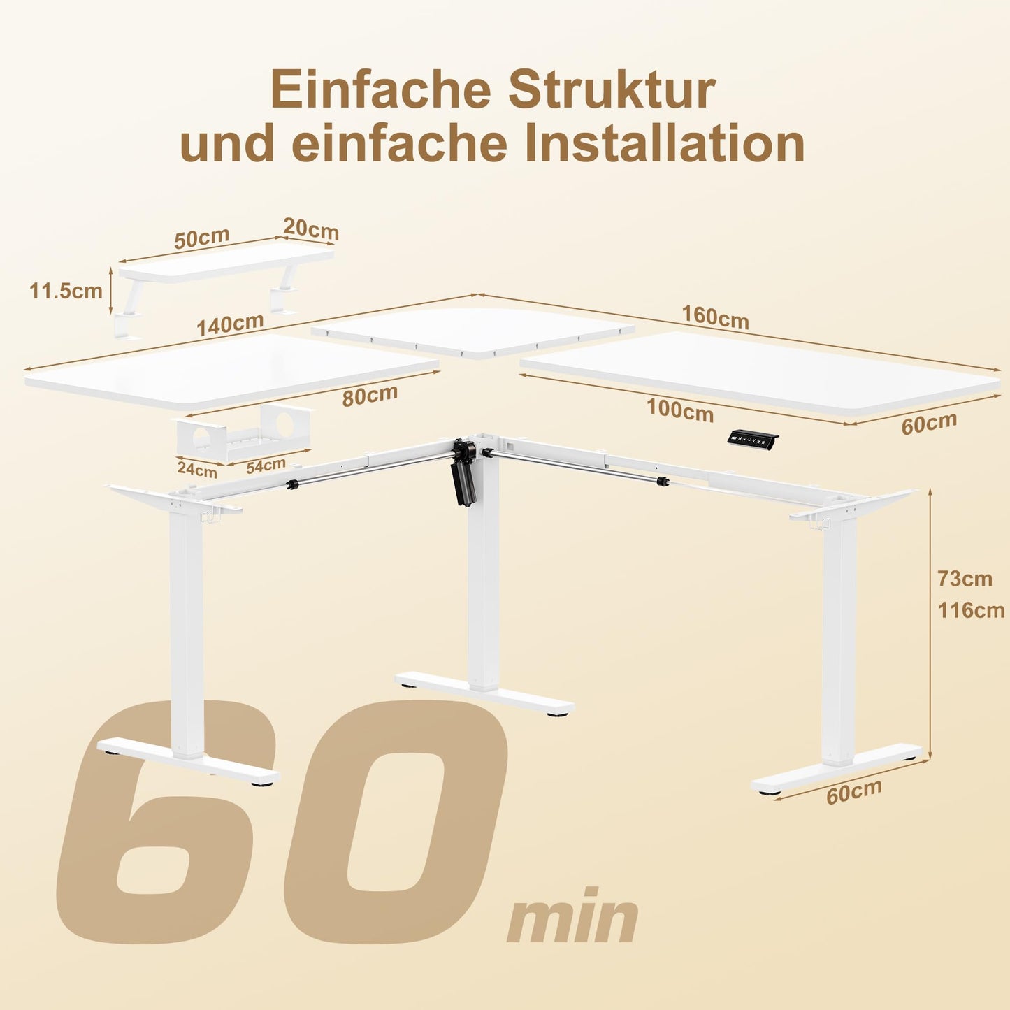 160 x 140 cm Corner Desk, Height Adjustable Desk, L Shape, L-shaped Desk, Height Adjustable, Single Motor, Shelf, Memory Control, 3 Legs, Black