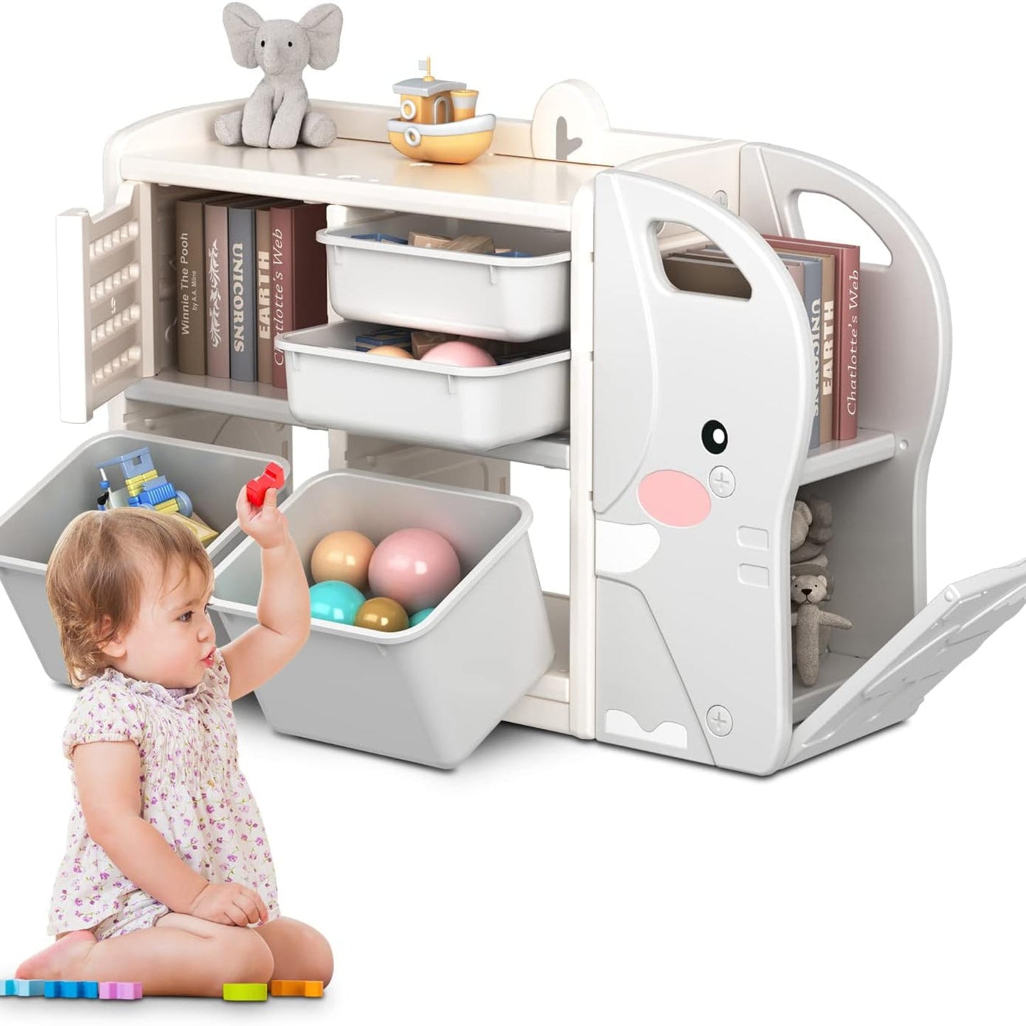 Dripex Children's Shelf, Toy Shelf with 2 Storage Boxes, Bookcase, 101 x 31 x 64.5 cm, Toy Storage Shelf, Children's Room Shelf for Boys, Girls